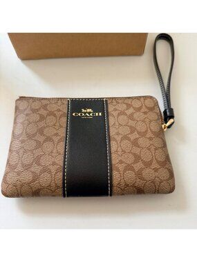 Coach Signature PVC Wristlet Khaki Brown Zip Pouch w Strap with Detached Tags